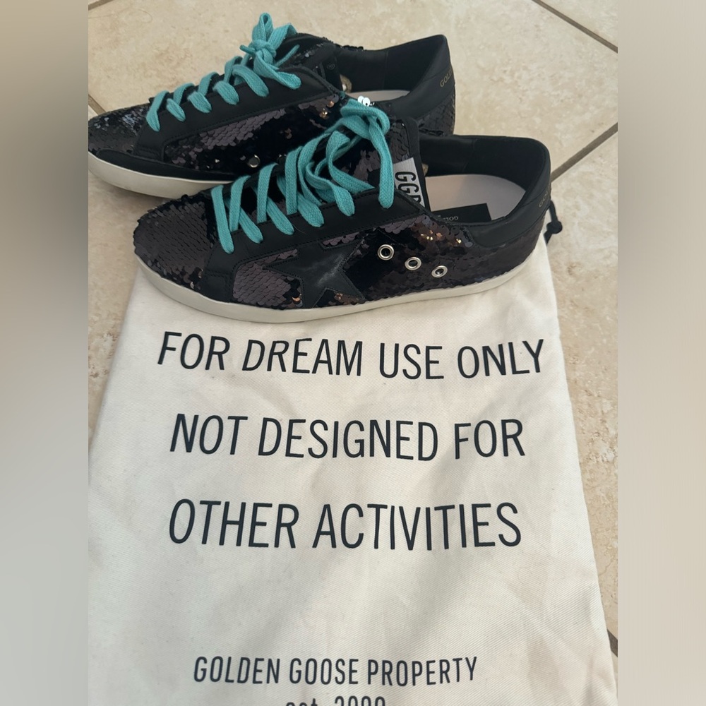 Golden Goose Women's Black Sequin Sneakers with Teal Laces